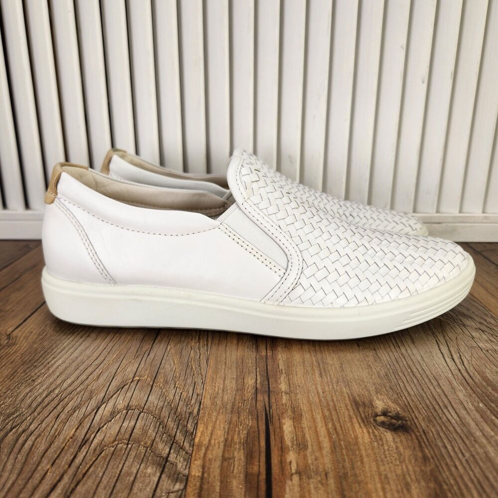 ECCO Soft 7 Woven Slip-On Womens Sz 9.5 White Leather Modern Sleek Loafers Shoes